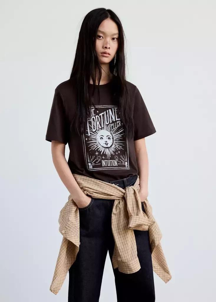 Brown Printed Cotton-Blend T-Shirt, Dark Brown, medium