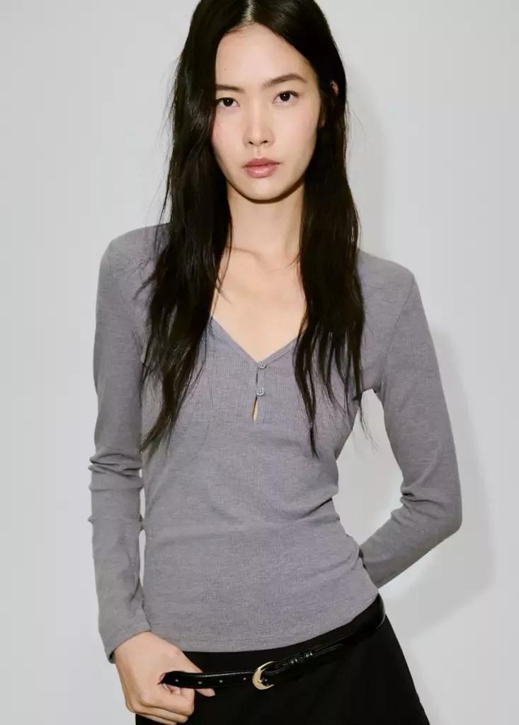 Grey Ribbed V-Neck T-Shirt, , medium