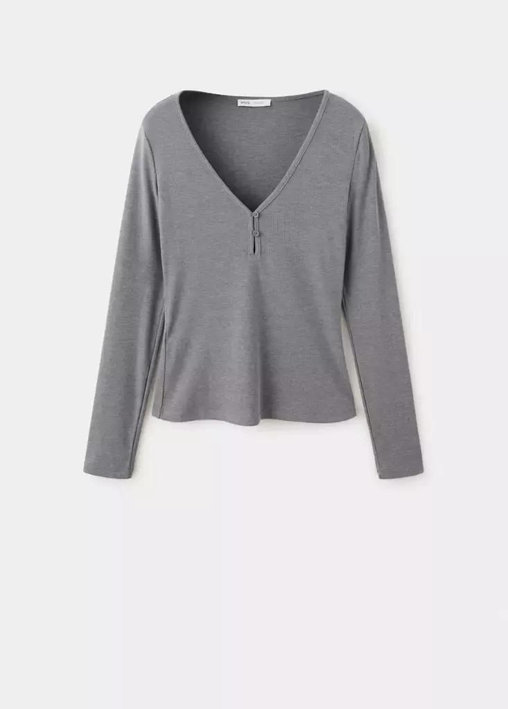 Grey Ribbed V-Neck T-Shirt, , large image number 4