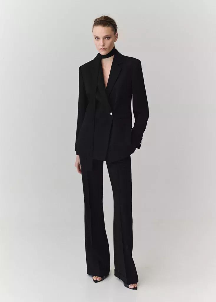 Black Flared Trousers With Seams, Black, medium