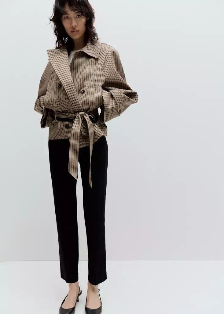 Beige Short Checked Trench Coat With Belt, , medium