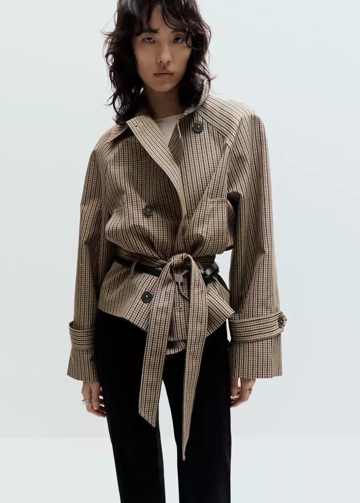Beige Short Checked Trench Coat With Belt, , large image number 1