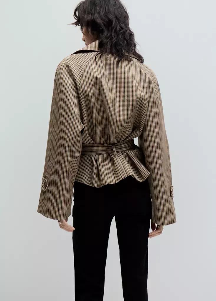 Beige Short Checked Trench Coat With Belt, , medium
