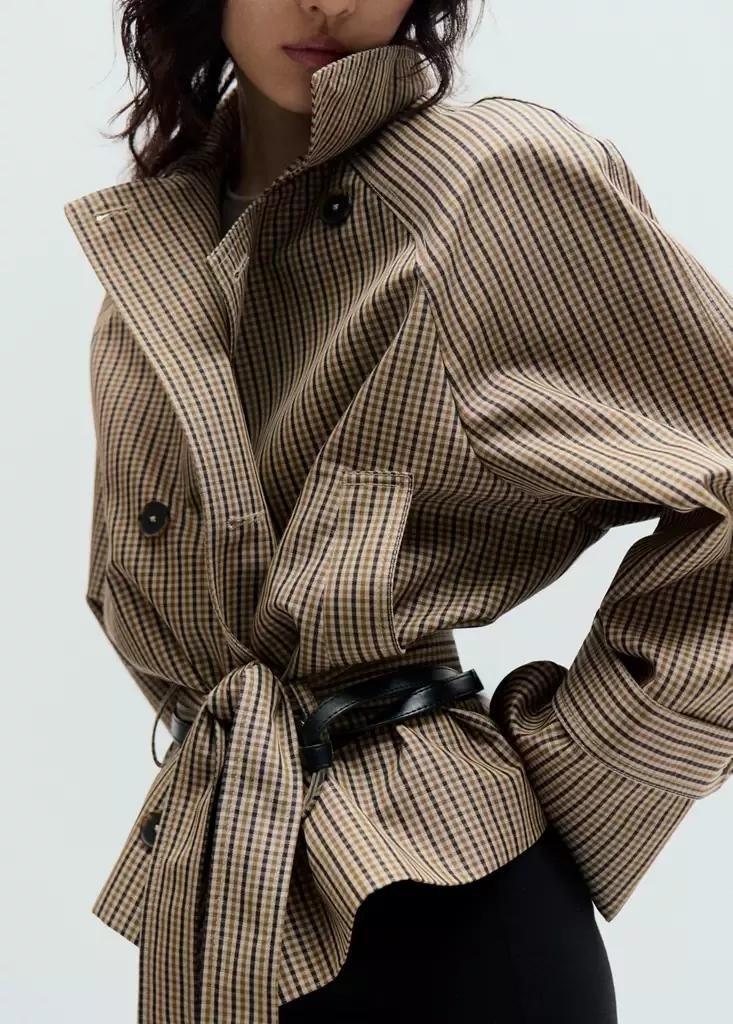 Beige Short Checked Trench Coat With Belt, , large image number 3