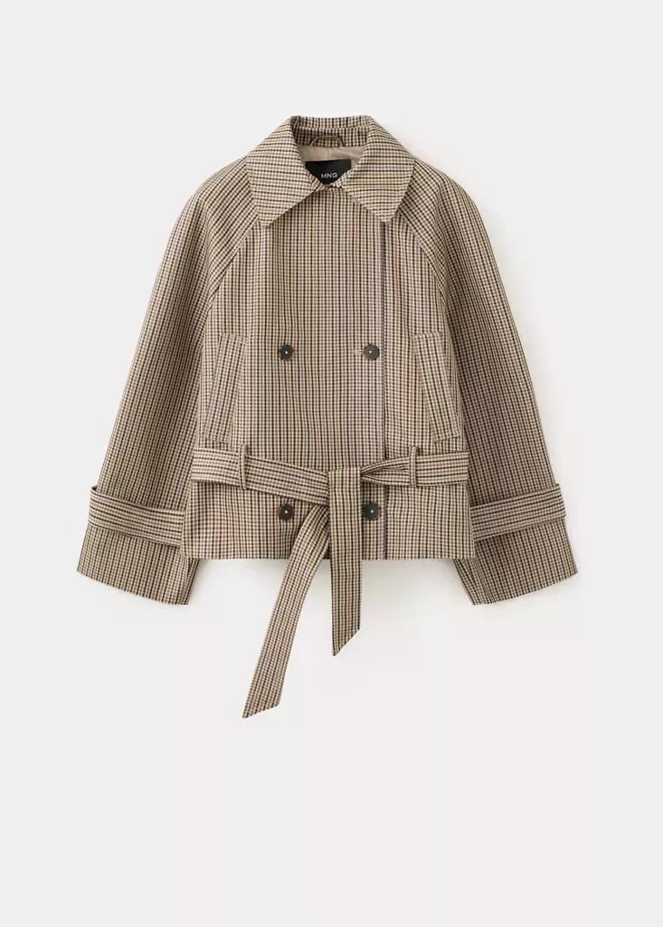 Beige Short Checked Trench Coat With Belt, , large image number 5