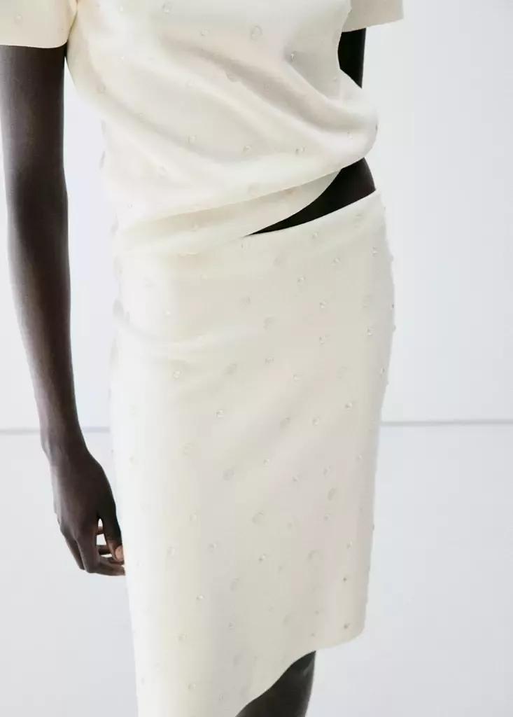 Cream Knitted Skirt With Sheer Beads, , large image number 1