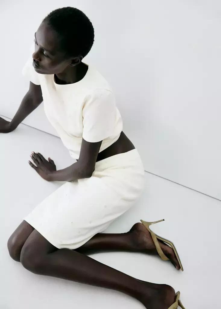 Cream Knitted Skirt With Sheer Beads, , large image number 3