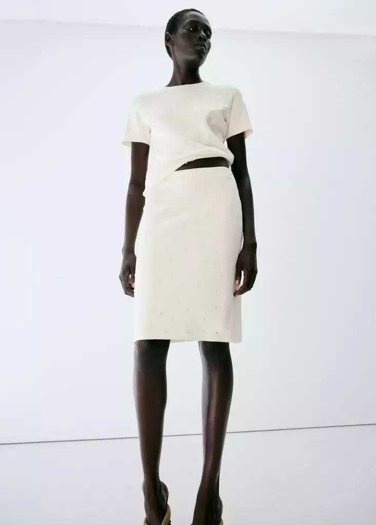 Cream Knitted Skirt With Sheer Beads, , large image number 4