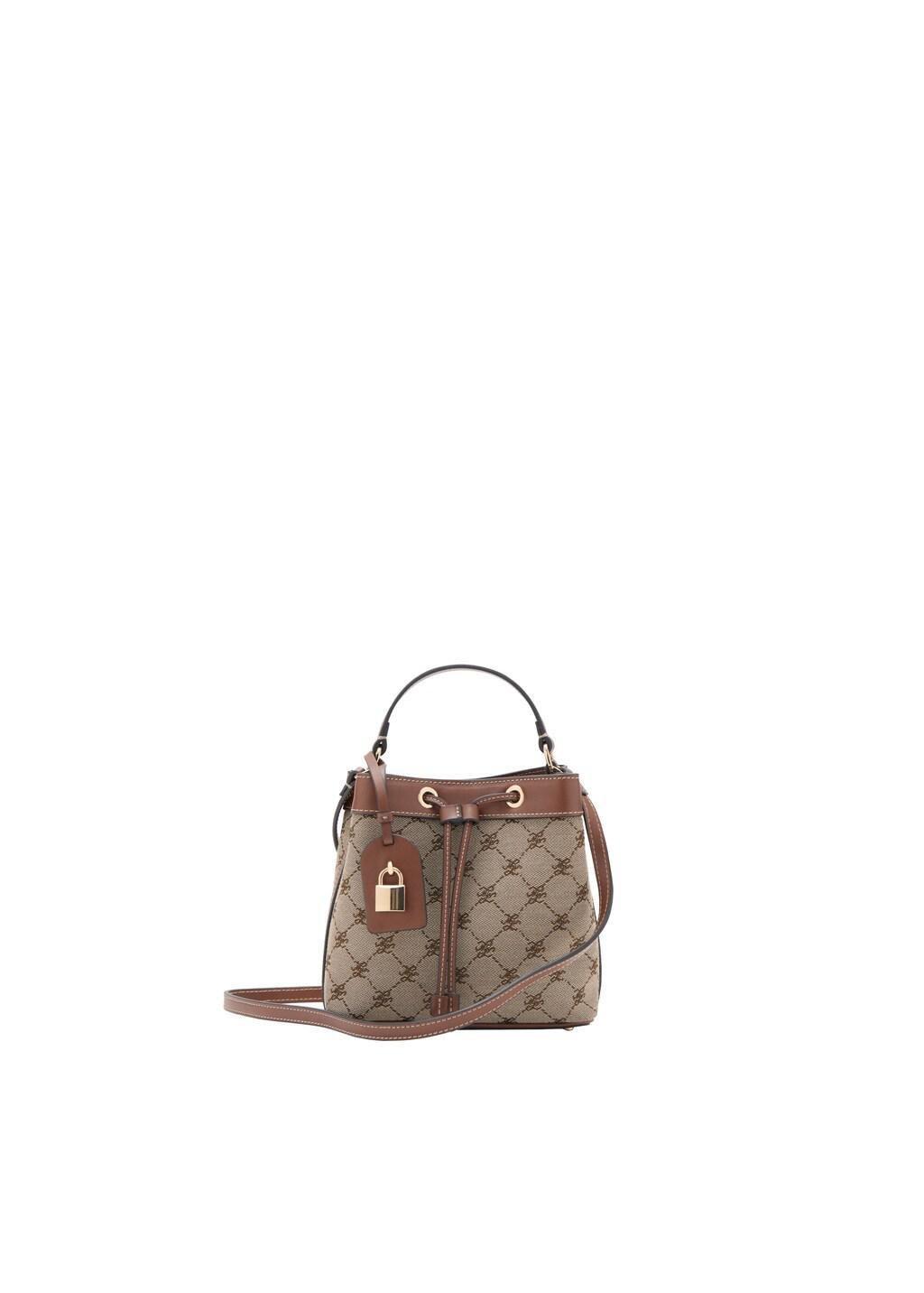 Brown Jacquard Bucket Bag With Logo, Medium Brown, medium