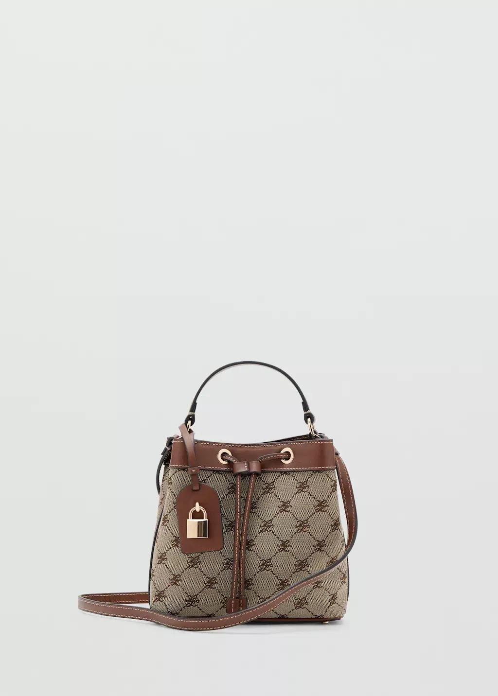 Brown Jacquard Bucket Bag With Logo, Medium Brown, large image number 3