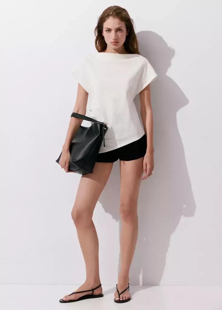 White Asymmetric T-Shirt With Pleat Detail, Natural White, large image number 1