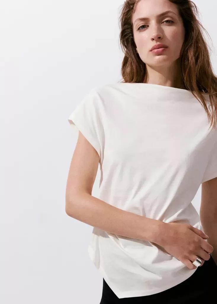 White Asymmetric T-Shirt With Pleat Detail, Natural White, large image number 3