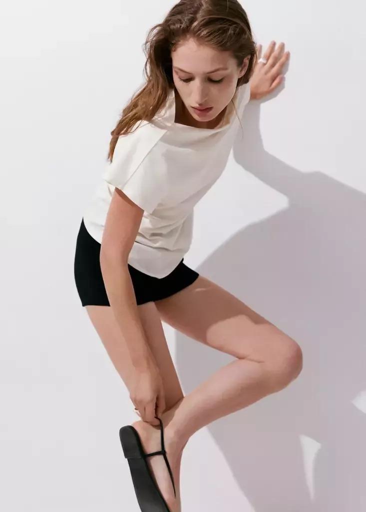 White Asymmetric T-Shirt With Pleat Detail, Natural White, large image number 4
