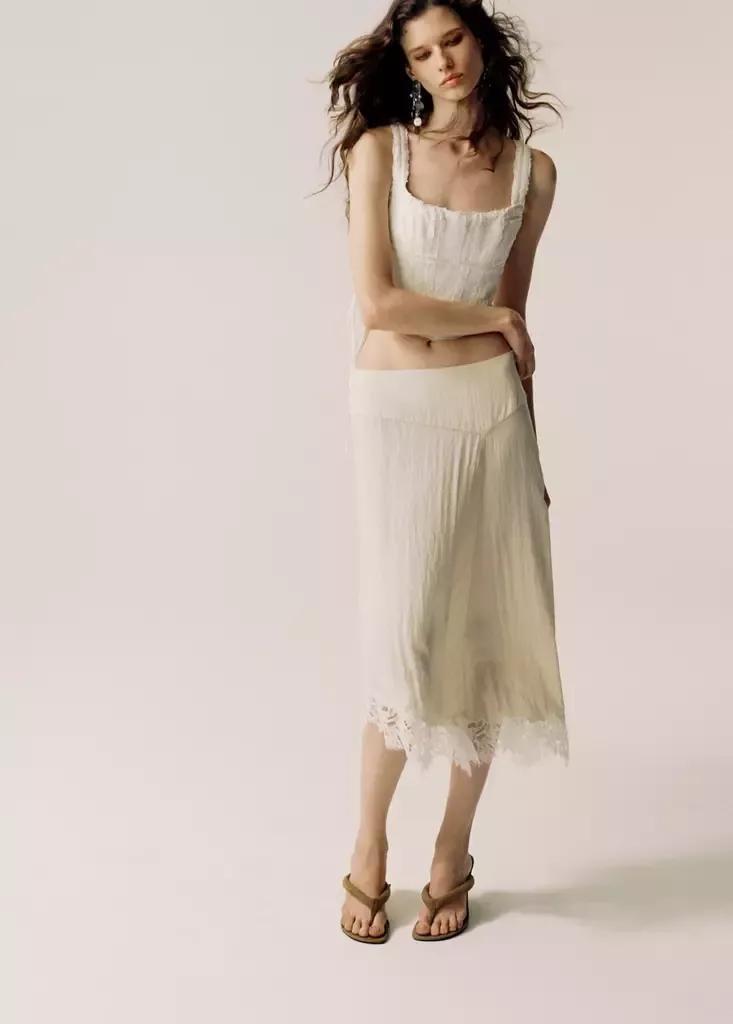Beige Asymmetric Skirt With Lace Detail, , medium