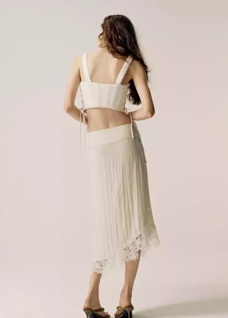 Beige Asymmetric Skirt With Lace Detail, , medium