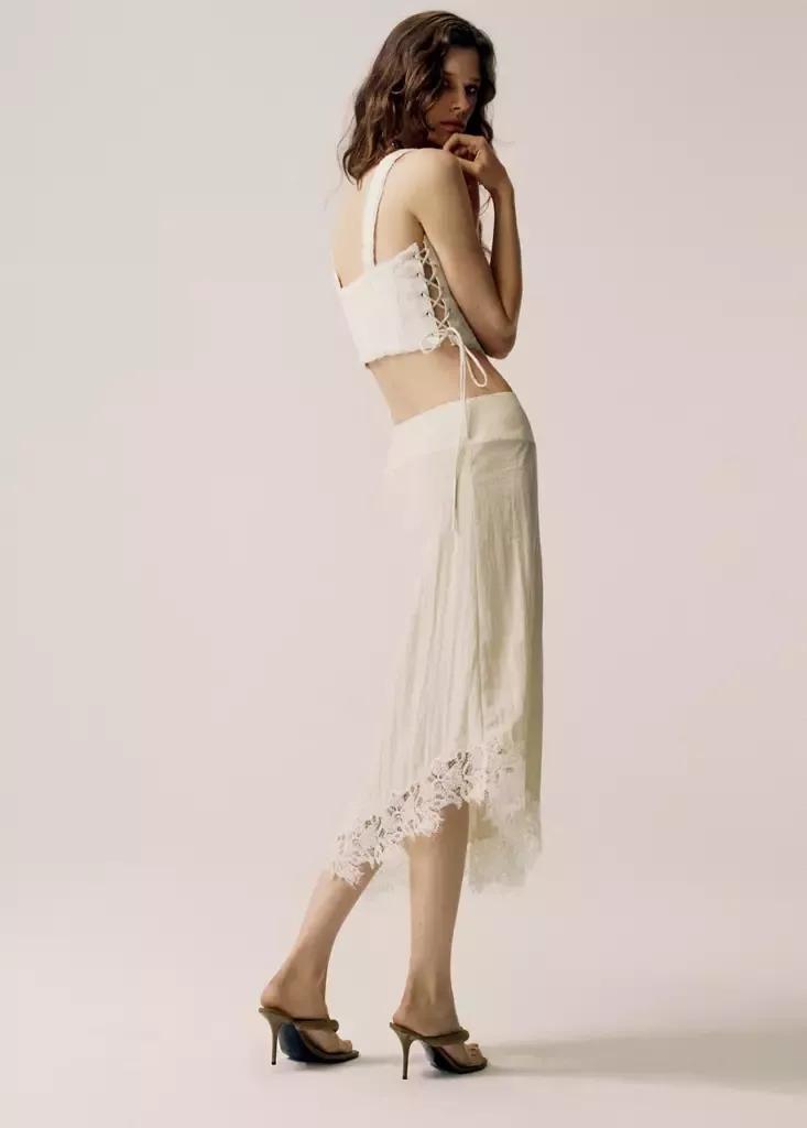 Beige Asymmetric Skirt With Lace Detail, , large image number 3
