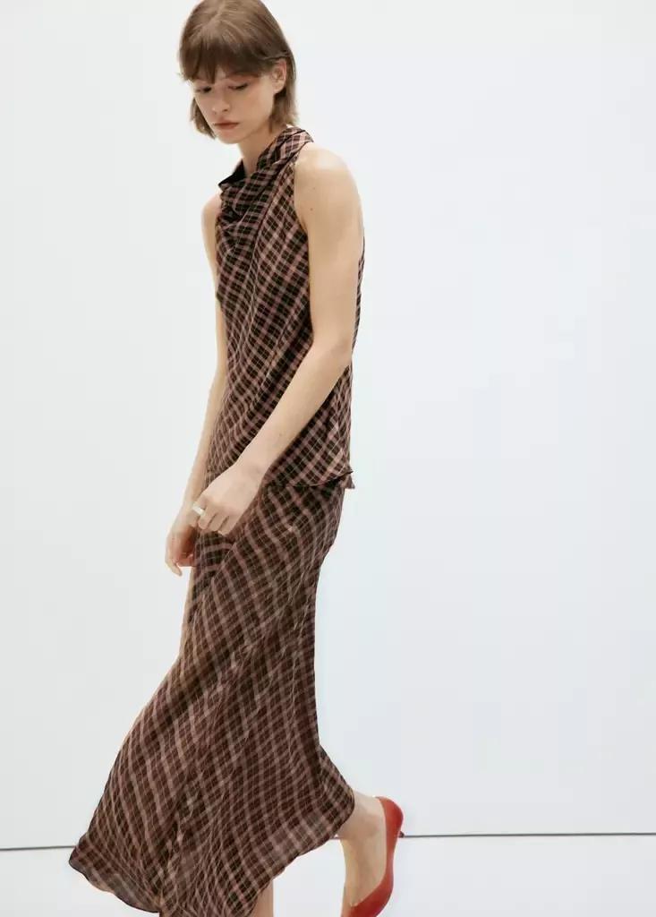BROWN Checked asymmetric skirt, Brown, medium