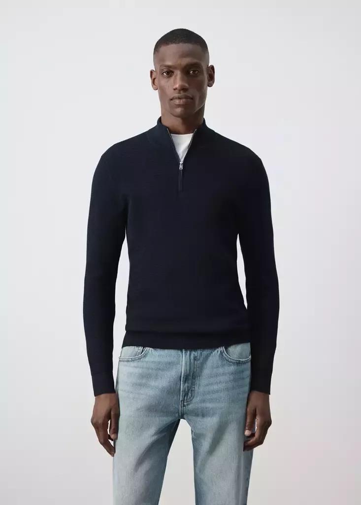 Navy Fine-Knit Cotton-Blend Jersey With Textured Zip-Up Fastening, Navy, large image number 1