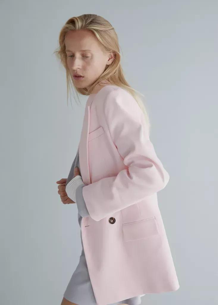 Pink Double-Breasted Cotton Blend Suit Blazer, , medium