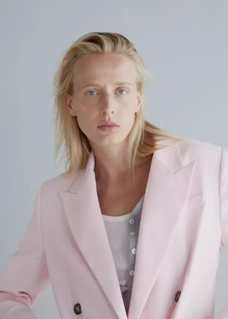 Pink Double-Breasted Cotton Blend Suit Blazer, , large image number 3