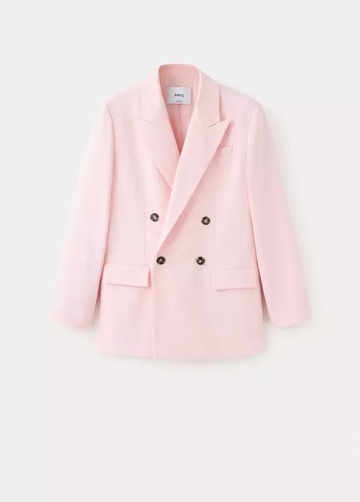 Pink Double-Breasted Cotton Blend Suit Blazer, , large image number 4
