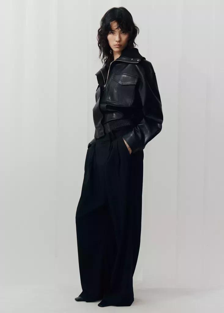 Black Faux Leather Jacket With Ribbed Collar, Black, large image number 0