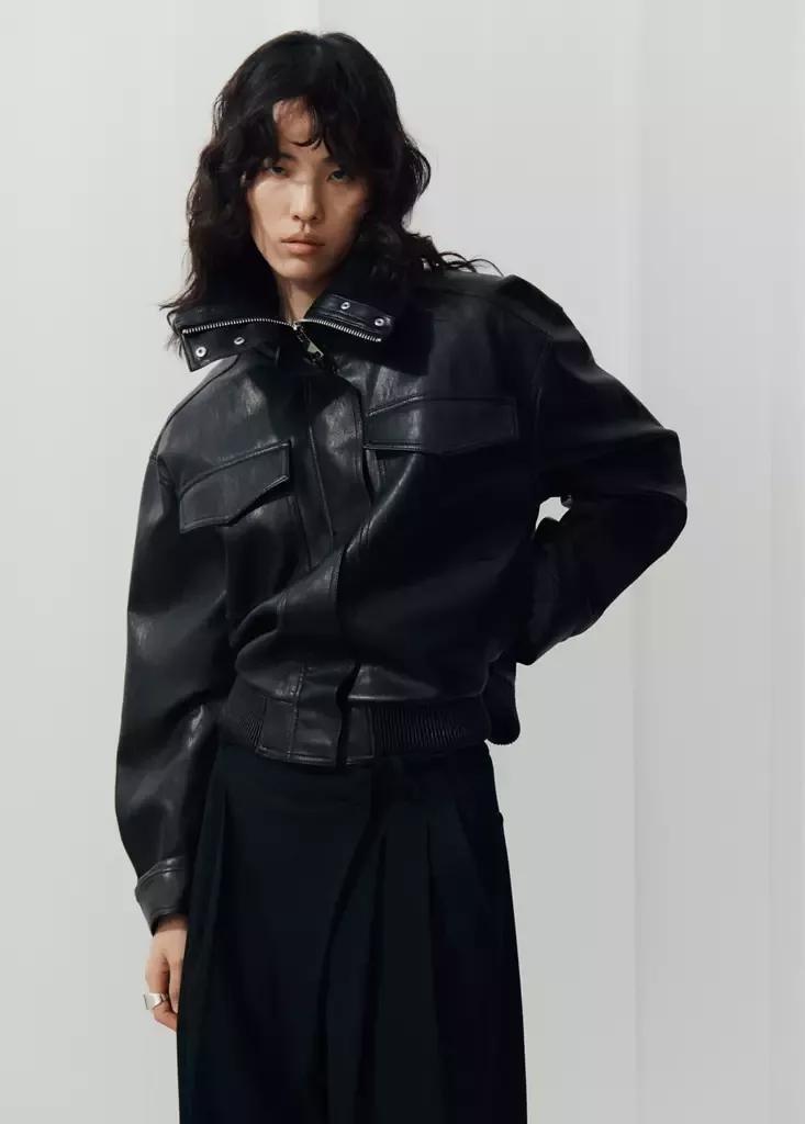 Black Faux Leather Jacket With Ribbed Collar, Black, large image number 1
