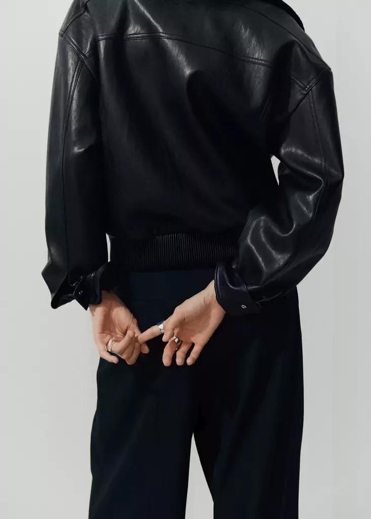 Black Faux Leather Jacket With Ribbed Collar, Black, large image number 2