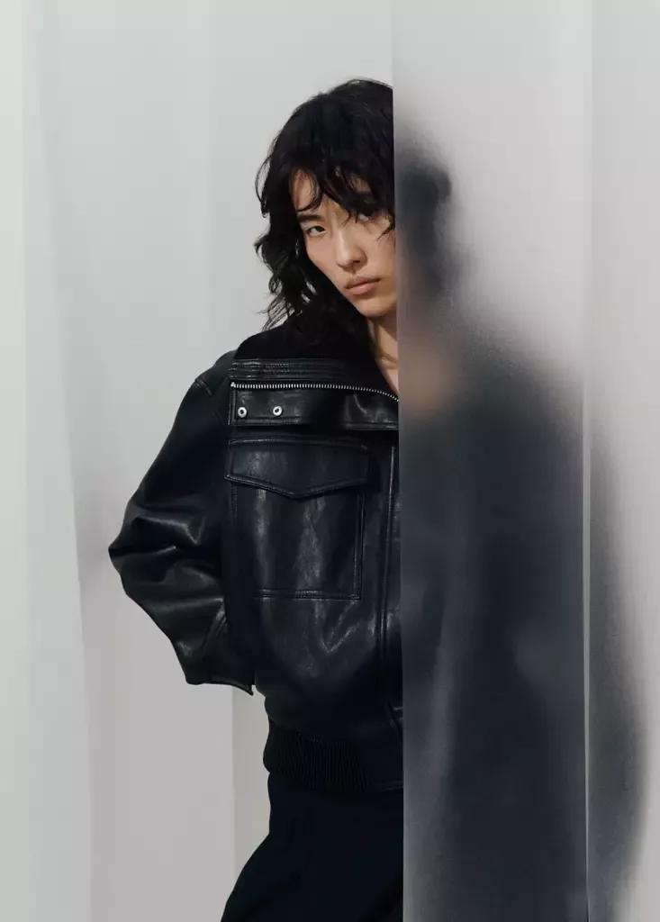 Black Faux Leather Jacket With Ribbed Collar, Black, large image number 4