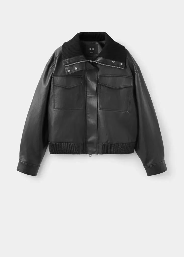 Black Faux Leather Jacket With Ribbed Collar, Black, large image number 5
