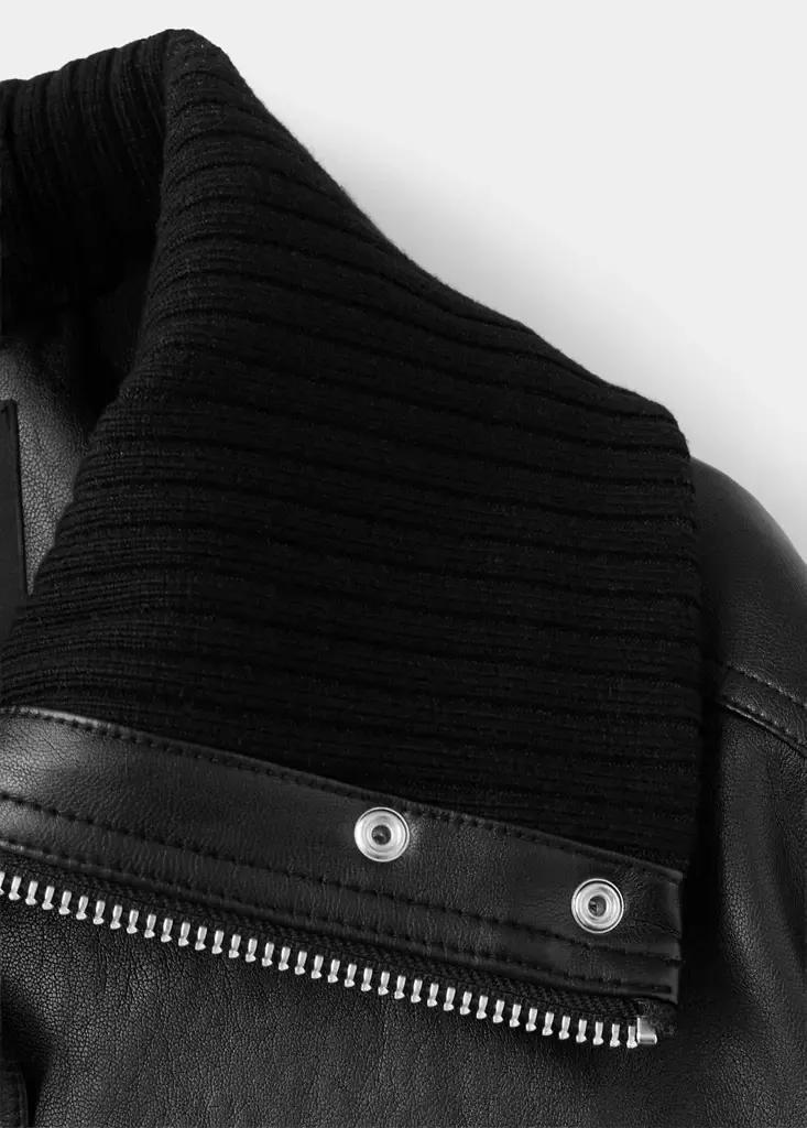 Black Faux Leather Jacket With Ribbed Collar, Black, large image number 7