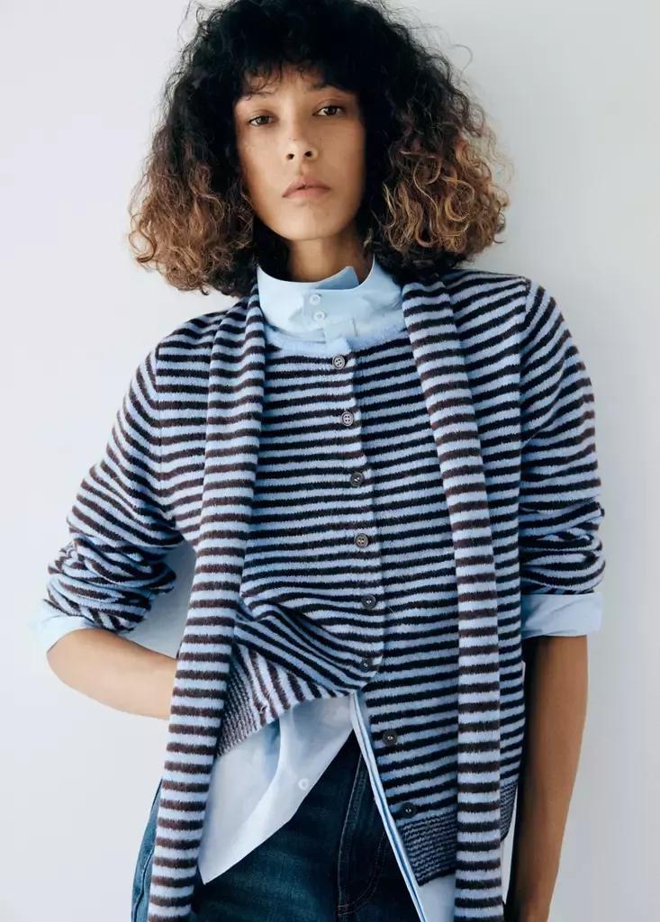 Blue Striped Cardigan With Detachable Scarf, Light-Pastel Blue, large image number 1