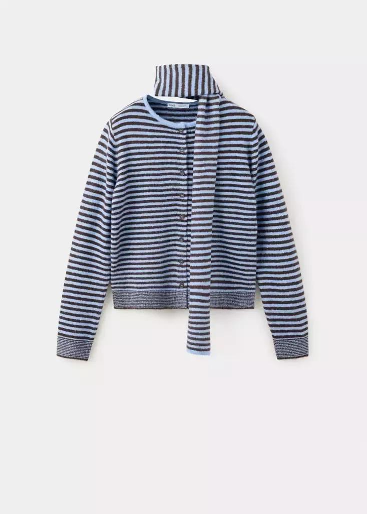 Blue Striped Cardigan With Detachable Scarf, Light-Pastel Blue, large image number 3