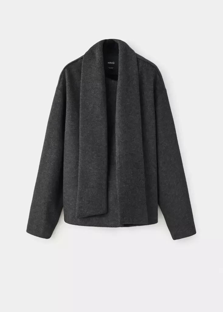 Grey Scarf-Collar Cloth Jacket, Dark Grey, large image number 4