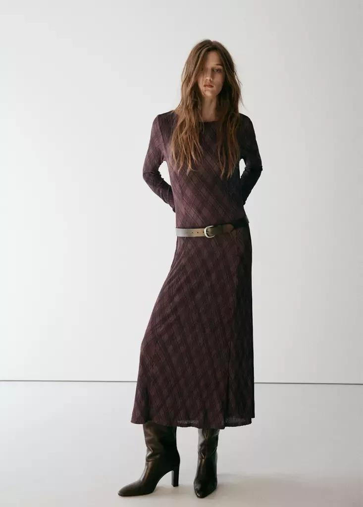 Brown Long-Sleeved Checked Dress, Brown, large image number 0