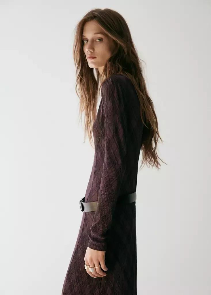 Brown Long-Sleeved Checked Dress, Brown, large image number 1