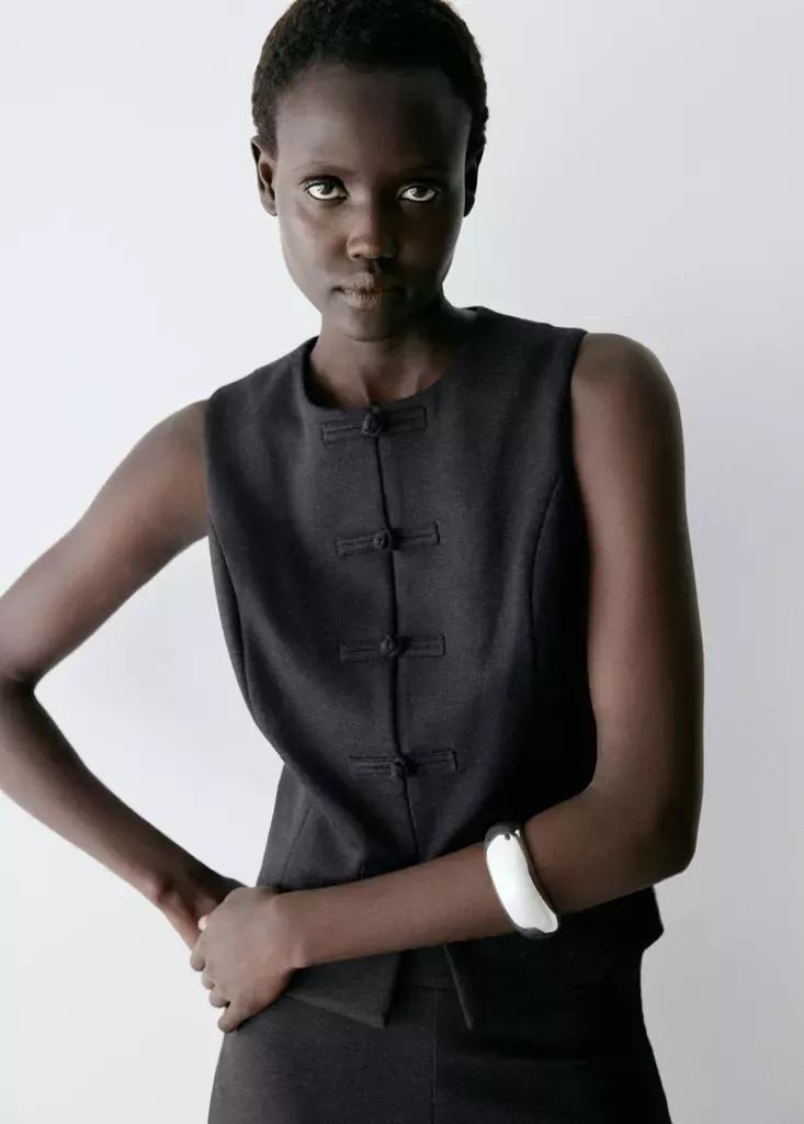 Grey Waistcoat With Frogging Detail And Seam Detailing, Charcoal, medium