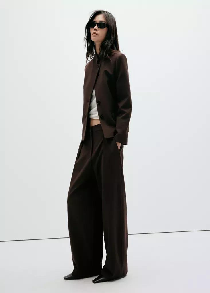 Brown Houndstooth Pleated Trousers, Brown, medium