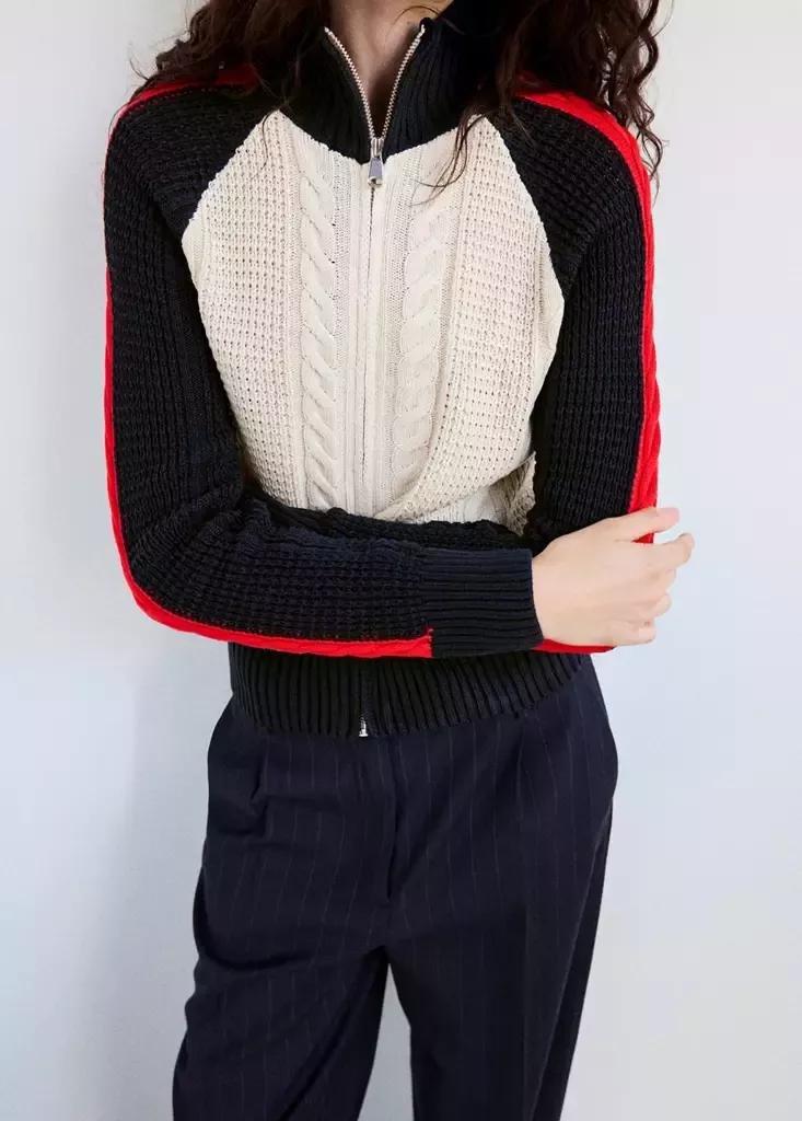 Beige Cable-Knit Jacket With Contrast Stripes, Light Pastel Brown, medium