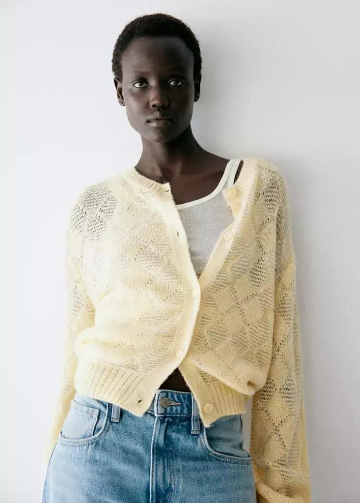 Yellow Work Diamond-Pattern Knit Cardigan, Yellow, medium
