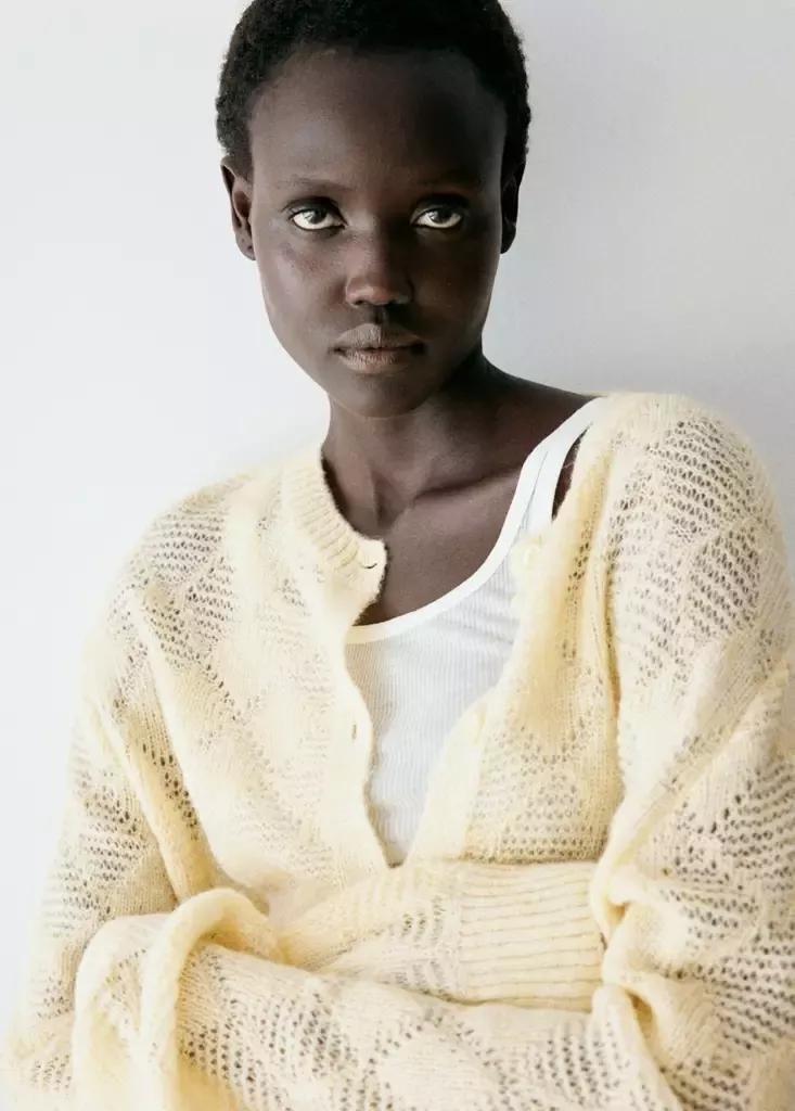 Yellow Work Diamond-Pattern Knit Cardigan, Yellow, large image number 3