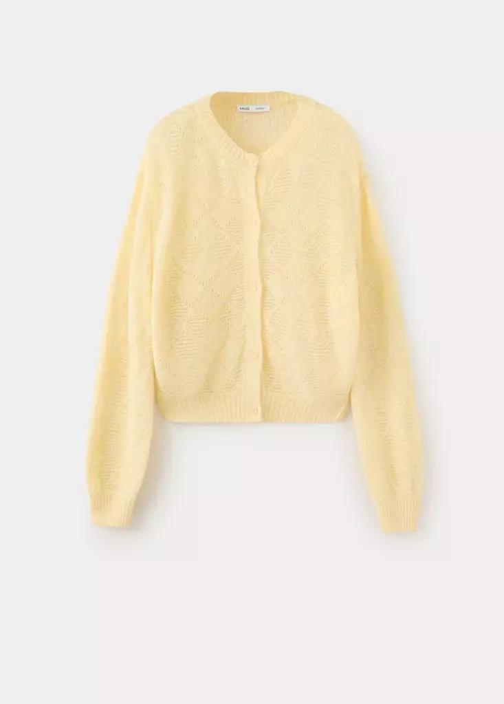 Yellow Work Diamond-Pattern Knit Cardigan, Yellow, large image number 4