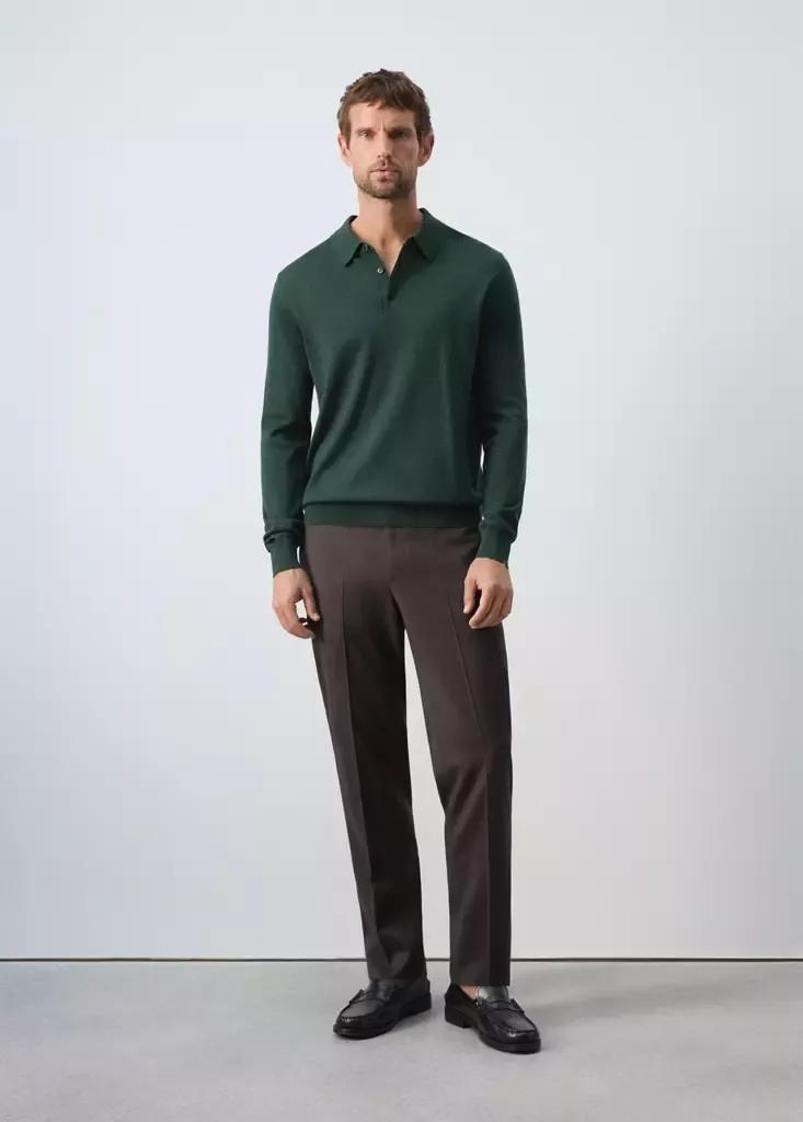 Green Fine-Knit Merino Wool Polo Jumper, Dark Green, large image number 0