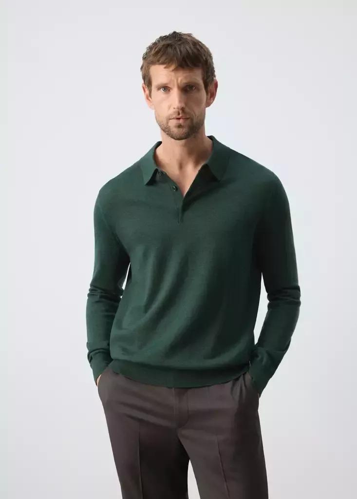 Green Fine-Knit Merino Wool Polo Jumper, Dark Green, large image number 1
