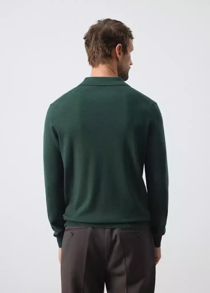 Green Fine-Knit Merino Wool Polo Jumper, Dark Green, large image number 2