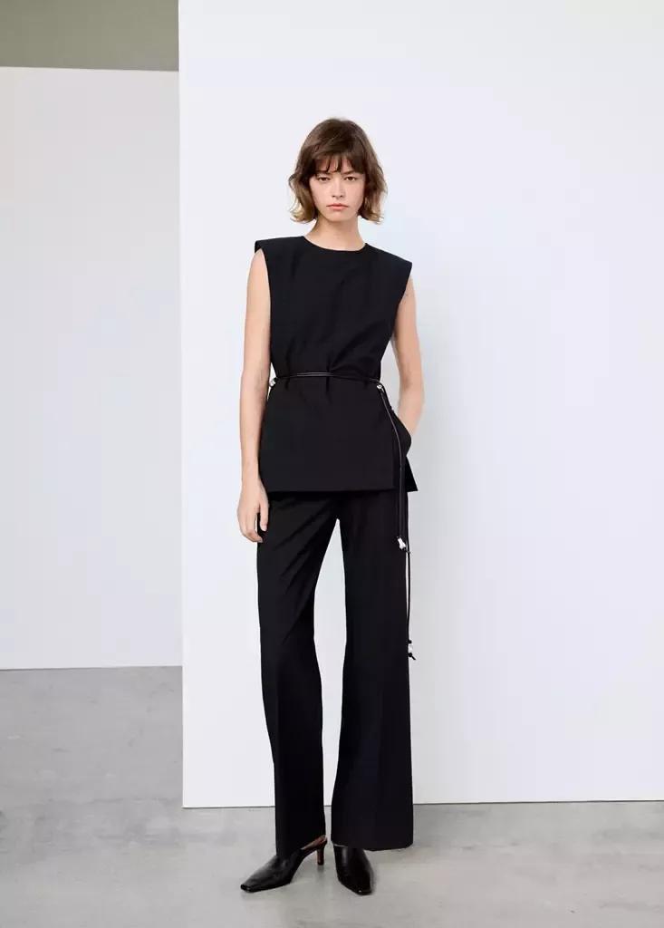 Black Bead-Embellished Belt Jumpsuit, Black, medium