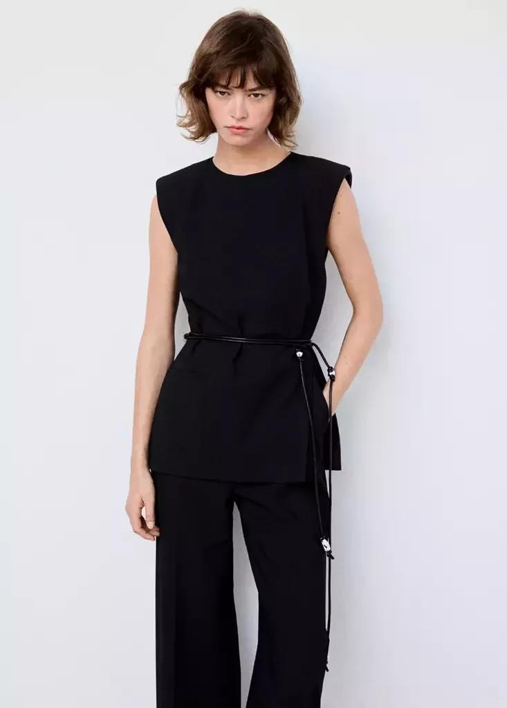 Black Bead-Embellished Belt Jumpsuit, Black, medium