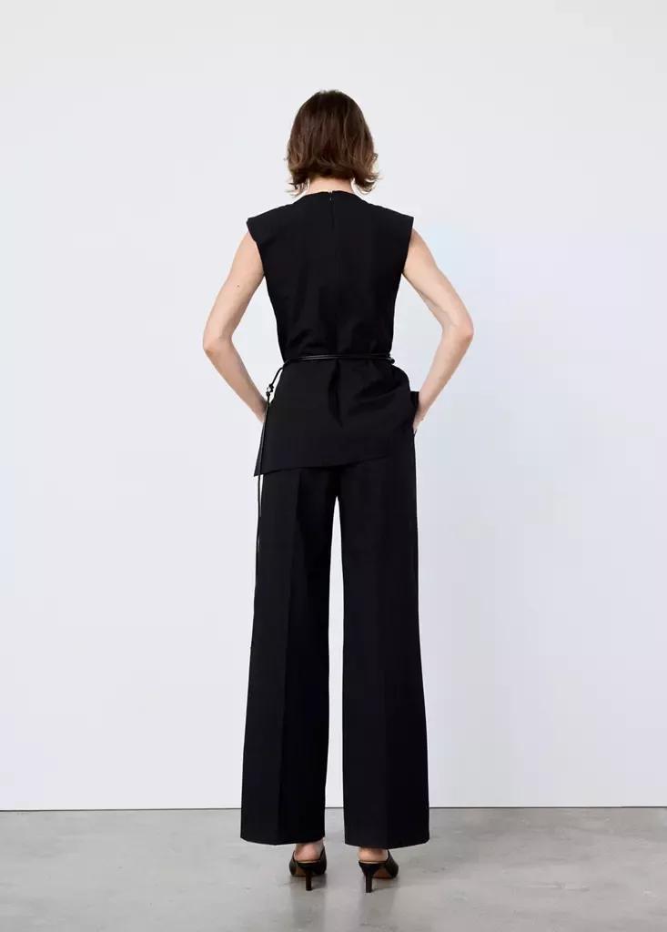 Black Bead-Embellished Belt Jumpsuit, Black, medium