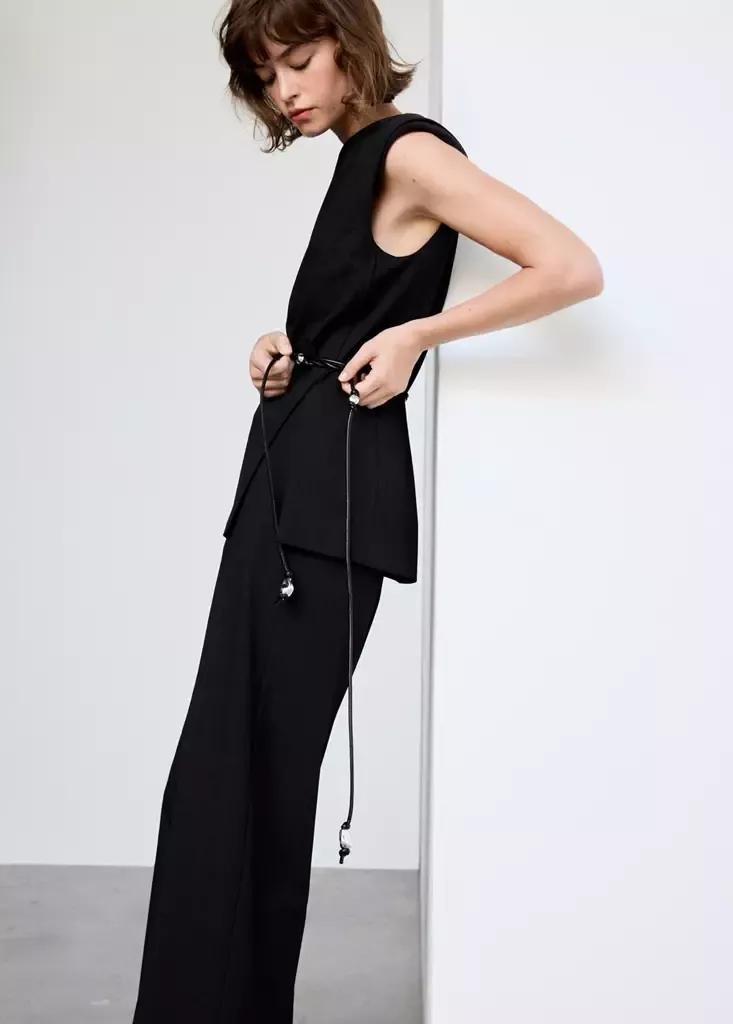 Black Bead-Embellished Belt Jumpsuit, Black, large image number 3