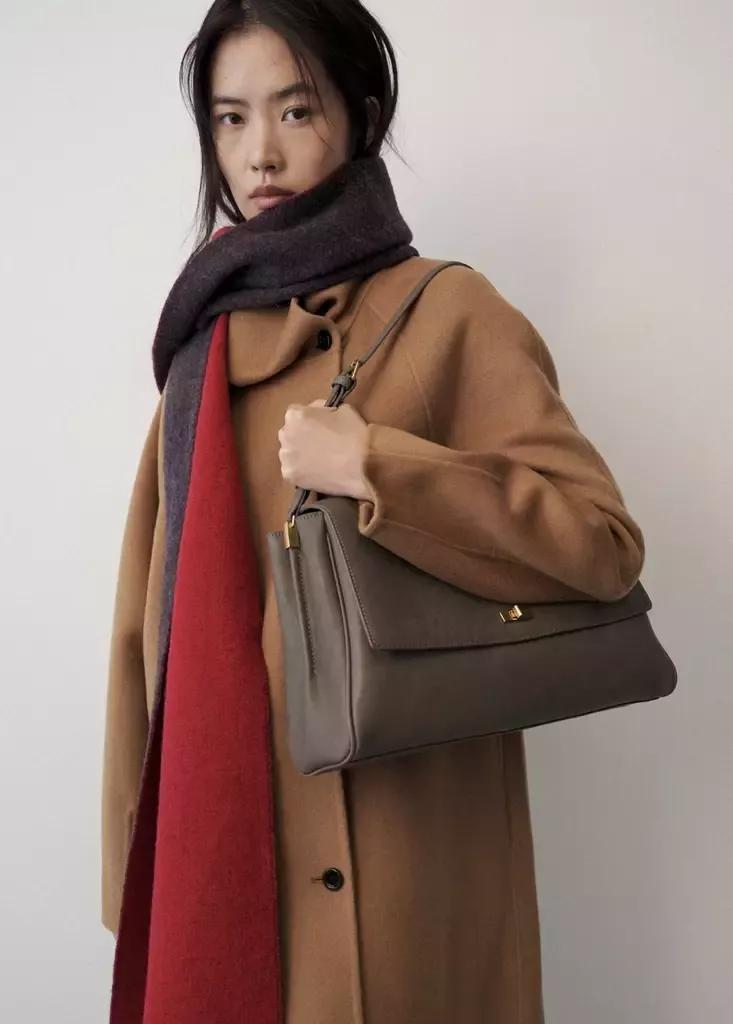 Grey Leather Shoulder Bag With Flap, Grey, medium
